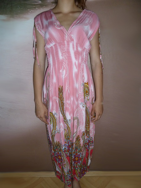 Dlouhé letní šaty růžové s ornamenty S/M