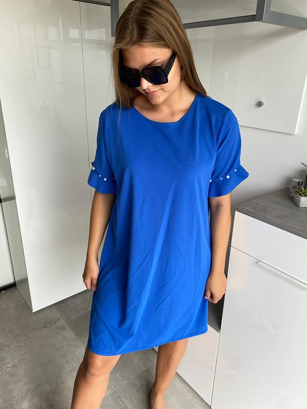 Dámské BASIC šaty s perlami na rukávech modré
