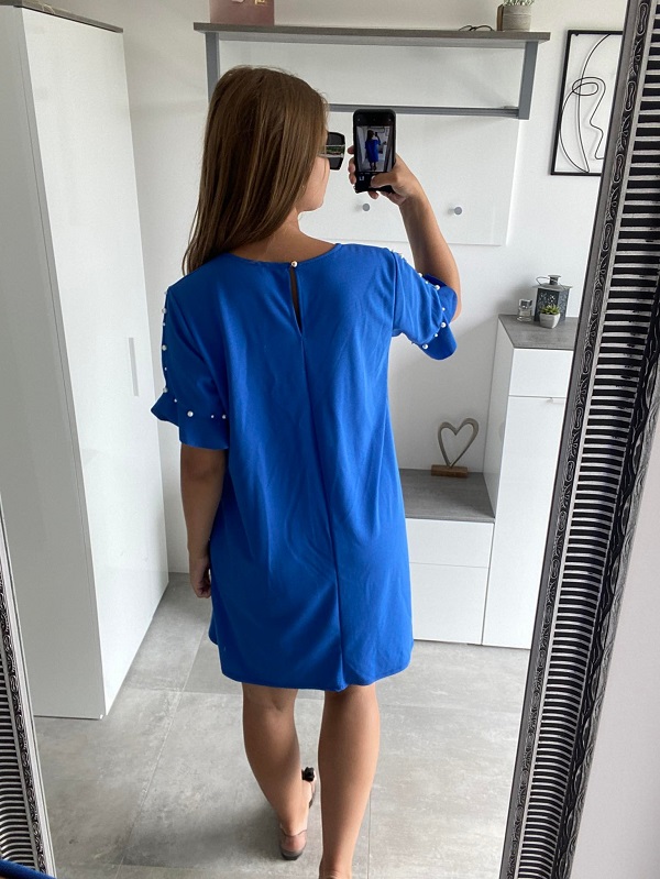 Dámské BASIC šaty s perlami na rukávech modré