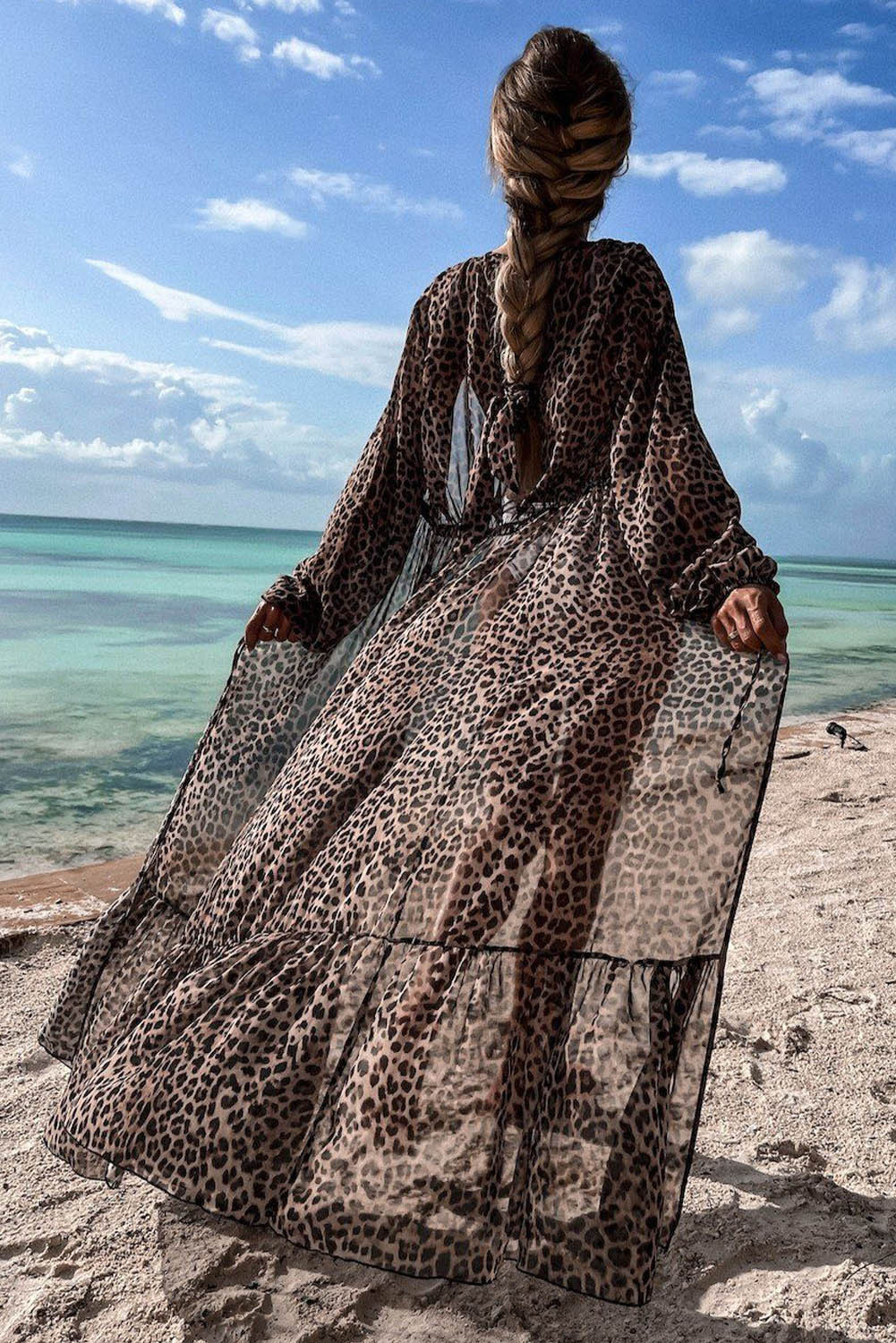 Plážové dlouhé kimono na plavky leopard