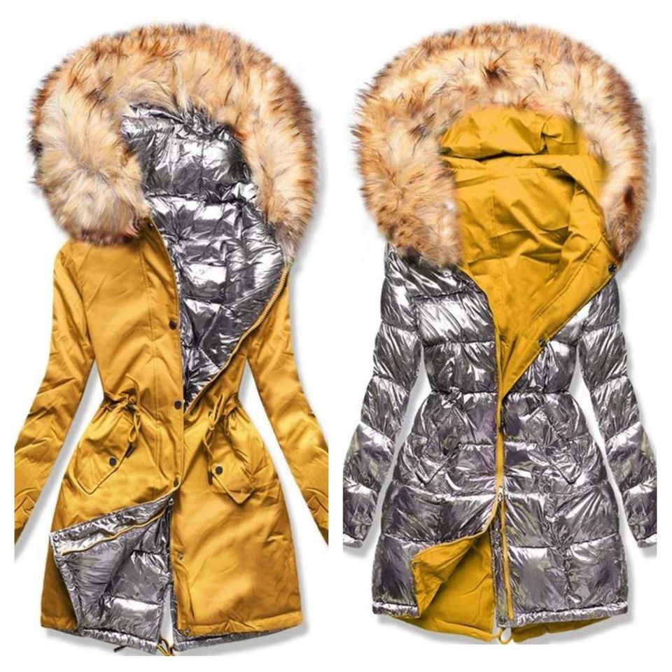 Luxusní oboustranná parka žlutá/stříbrná M
