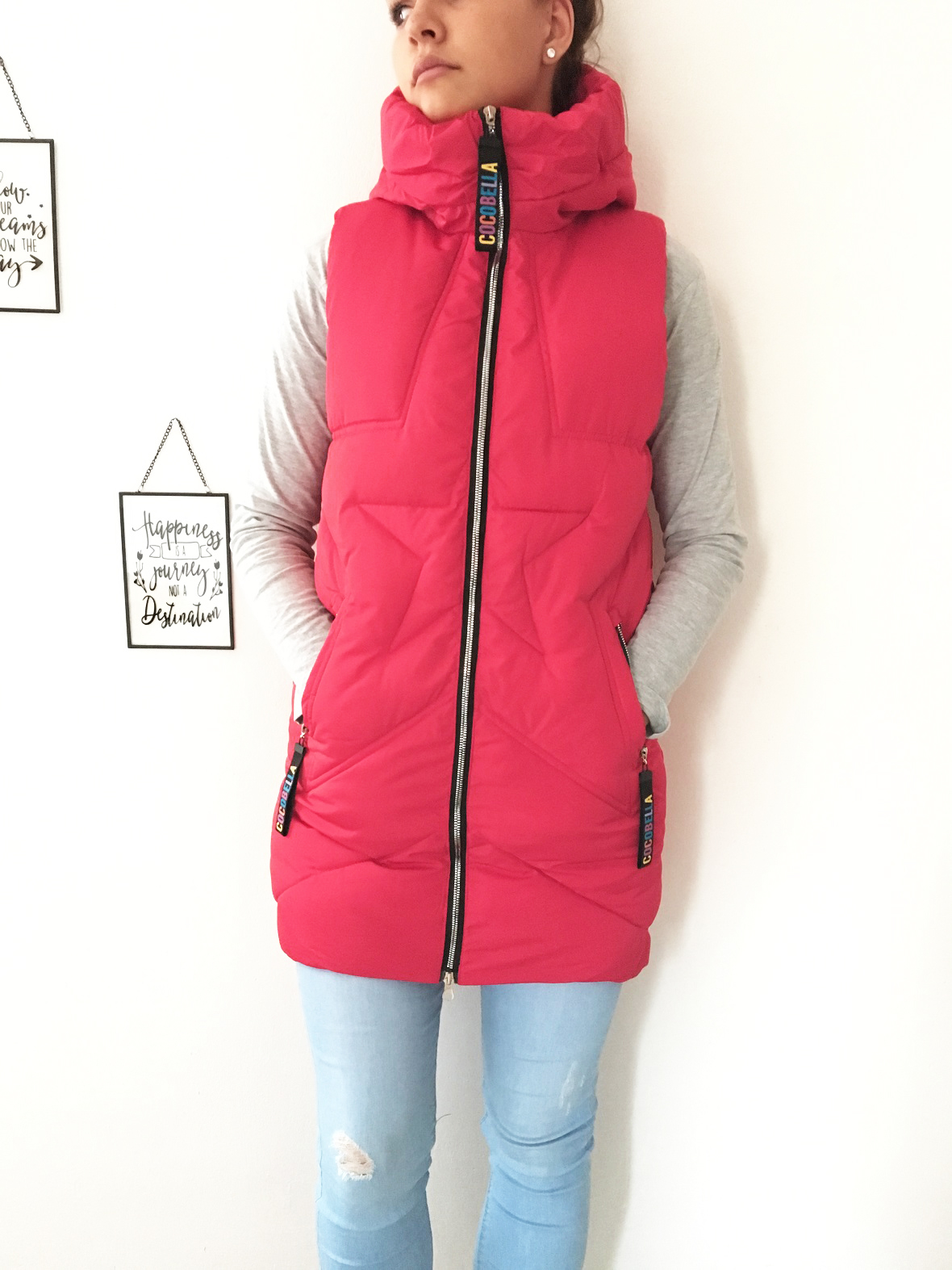 Dámská vesta zimní dlouhá červená COCOBELLA
