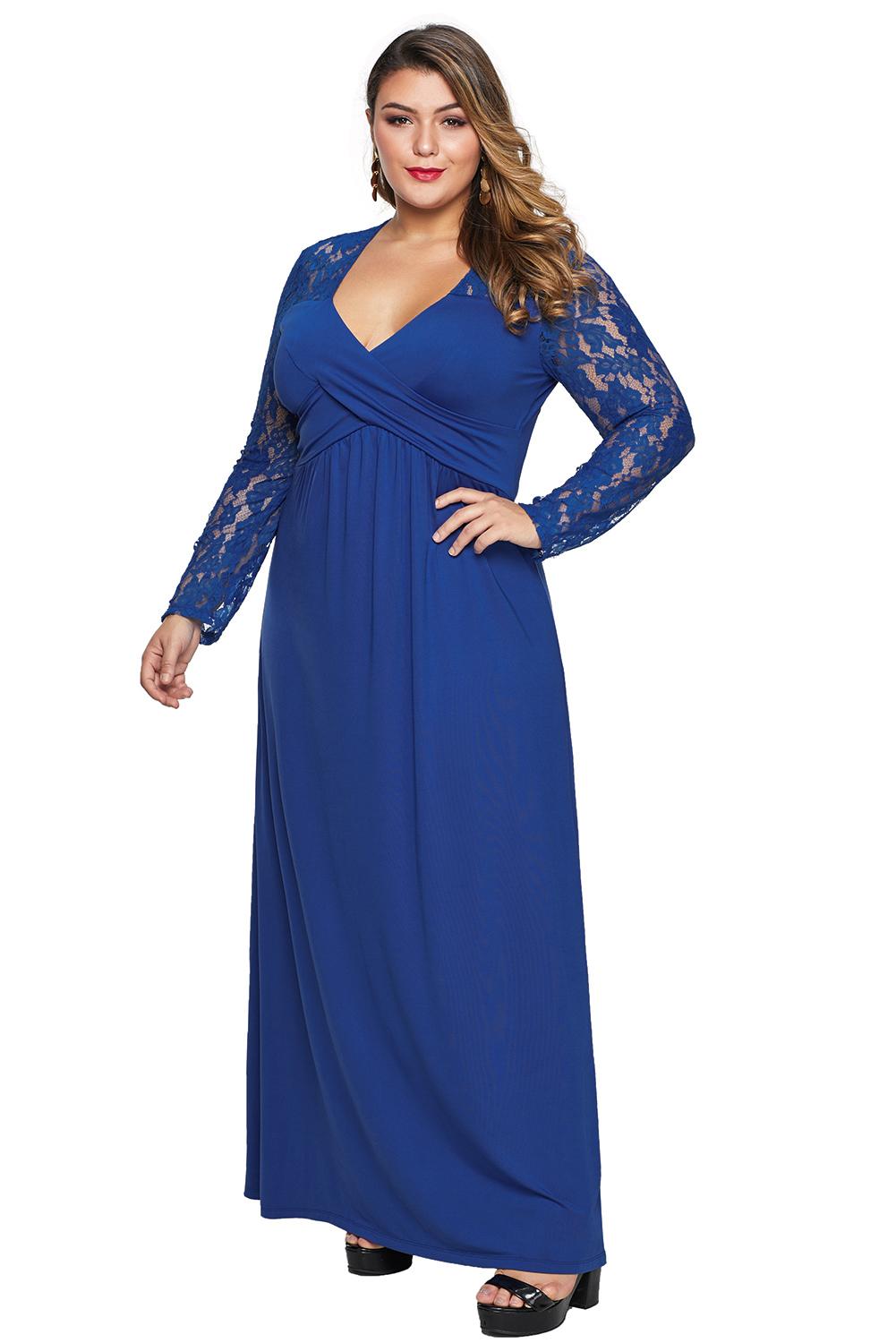 Dámské šaty pro plnoštíhlé modré s krajkovými rukávy 14119XXL