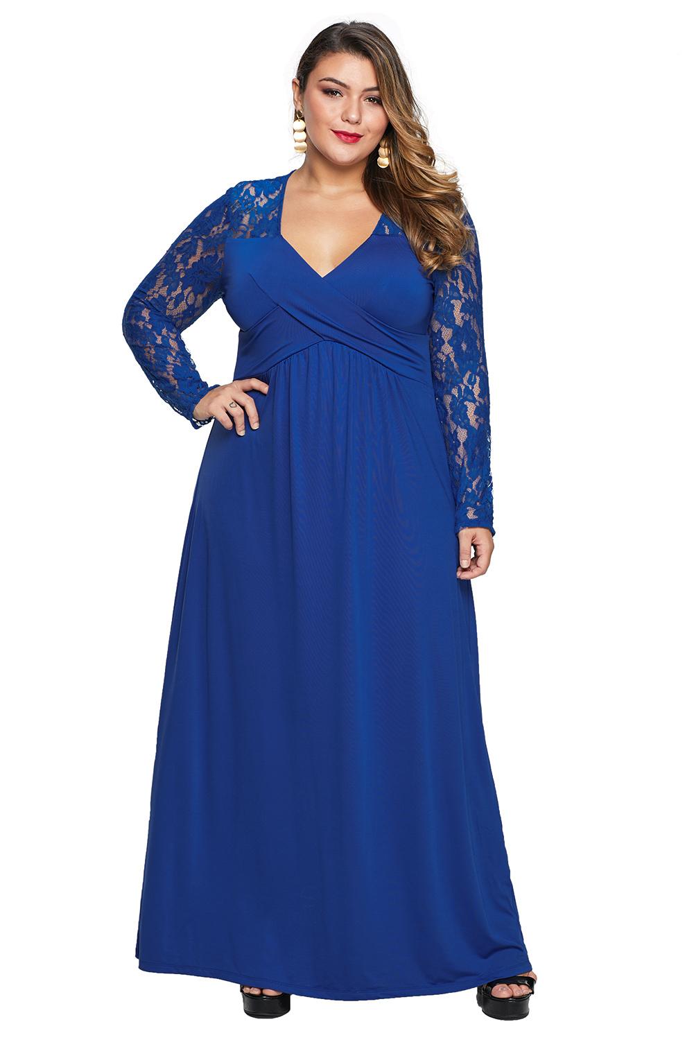 Dámské šaty pro plnoštíhlé modré s krajkovými rukávy 14119XXL