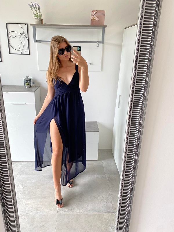 Dlouhé společenské šaty tmavě modré s rozparkem UNI