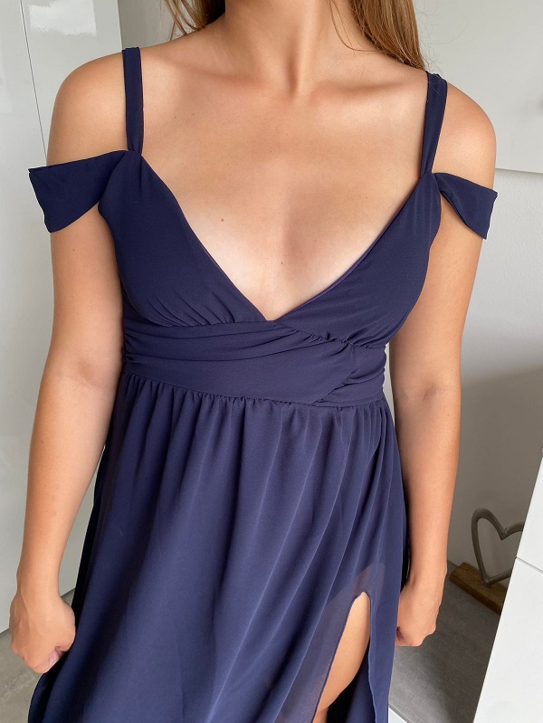 Dlouhé společenské šaty tmavě modré s rozparkem UNI