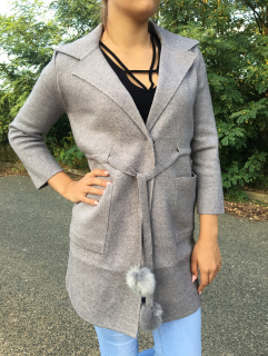 Dámský kabátek s kapucí a bambulkami šedý