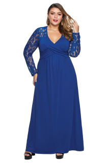 Dámské šaty pro plnoštíhlé modré s krajkovými rukávy 14119XXL
